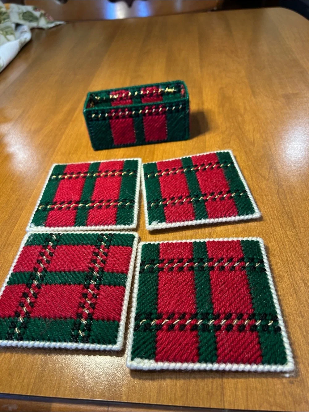 Handcrafted Red & Green Plaid Coaster Set with Holder Needlepoint